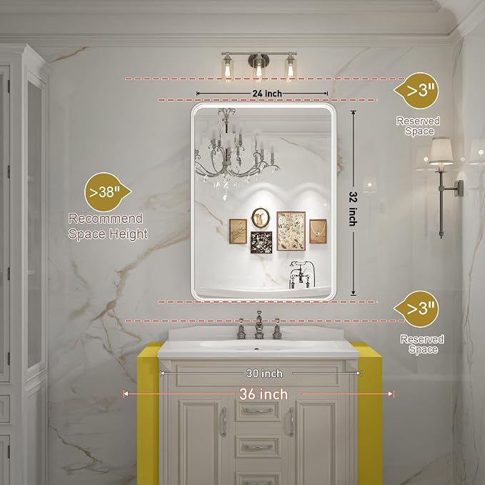 24x32 Inch LED Sliver Frame Bathroom Mirror,ETL Listed | Anti-Fog,3 Color 3000K/4500K/6000K Dimmable,Horizontal & Vertical,Wall Mounted,Memory Function,Ideal for Bathroom,Vanity