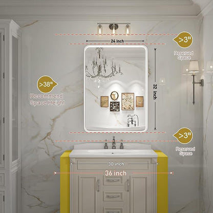 24x32 Inch LED Sliver Frame Bathroom Mirror,ETL Listed | Anti-Fog,3 Color 3000K/4500K/6000K Dimmable,Horizontal & Vertical,Wall Mounted,Memory Function,Ideal for Bathroom,Vanity