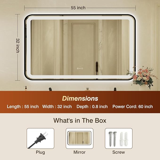 32x55 Inch Black Framed LED Bathroom Mirror with Lights,Smart Bathroom Mirror,Motion Sensor,Tempered Glass,Anti-Fog,Stepless Dimmable & 3 Colors,Memory,Vanity Mirror for Wall