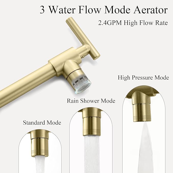 Pot Filler Faucet Wall Mount - 3 Spray Modes, Double Joint Swing Arm, Retractable Space-Saving Design - Leak-Free High Flow Brass Faucet for Kitchen Sink & Stove - Brushed Gold
