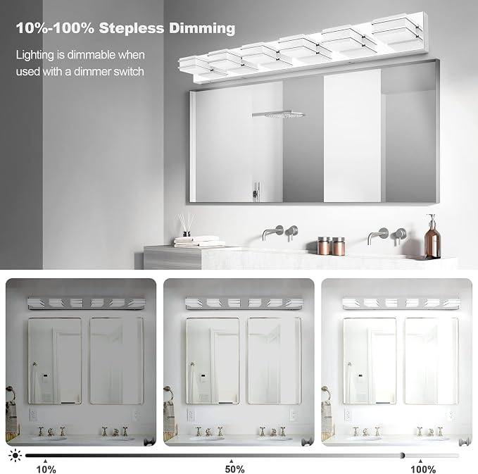 3 Color Temperature Dimmable Vanity Lights for Bathroom, LED Chrome 6 Light Vanity Lighting Fixtures, Acrylic Stainless Steel Square Shade Bathroom Light Fixtures over Mirror, ETL Certificated