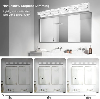 3 Color Temperature Dimmable Vanity Lights for Bathroom, LED Chrome 6 Light Vanity Lighting Fixtures, Acrylic Stainless Steel Square Shade Bathroom Light Fixtures over Mirror, ETL Certificated