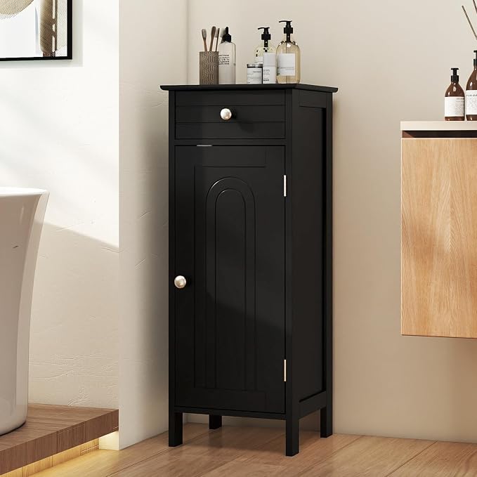 GIANTEX 34.5" Bathroom Cabinet with Drawer & Single Door (Black) | Narrow Side Storage Organizer with 6 Shelf Positions, Freestanding Floor Storage Cabinet for Bathroom, Living Room, Entryway