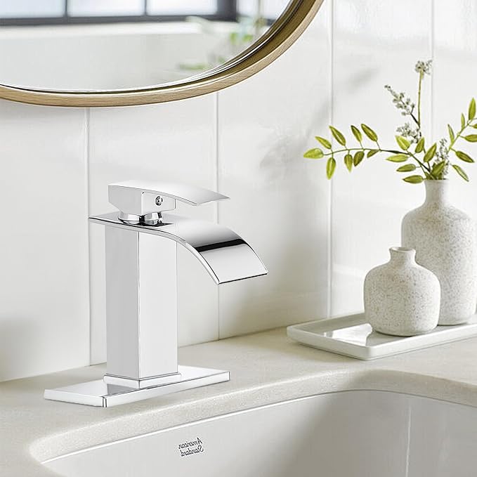 sagetta Waterfall Bathroom Sink Faucet Single Hole Chrome with Three Hole Cover Deck Plate, Pop up Drain and Water Hoses Stainless Steel Vanity Two Pack