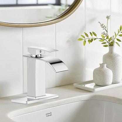 sagetta Waterfall Bathroom Sink Faucet Single Hole Faucet with Three Hole Cover Deck Plate, Pop up Drain and Water Hoses Stainless Steel Vanity Faucet, Chrome