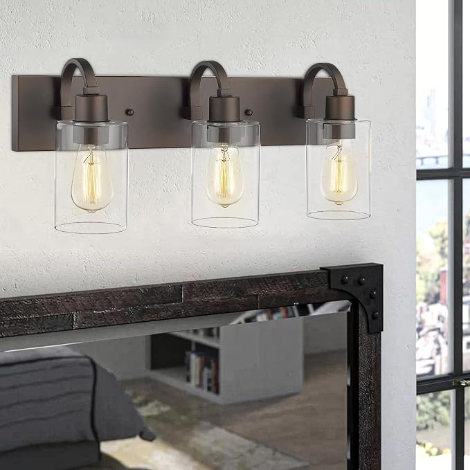 Emliviar Bathroom Vanity Light Fixtures - 3-Light Farmhouse Wall Light for Bathroom, Oil Rubbed Bronze Finish with Clear Glass, YCE237B-3W ORB