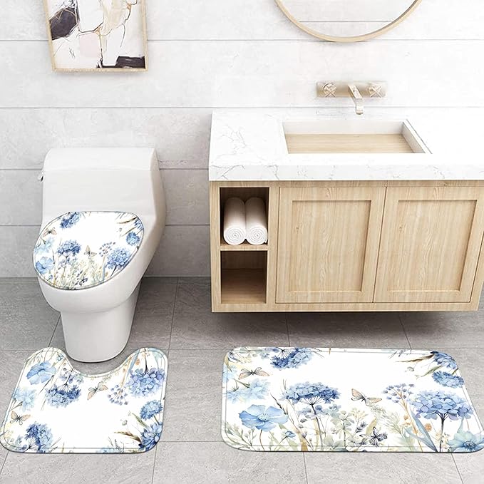 4-Piece Blue Floral Shower Curtain Butterfly Flowers Bathroom Set with Shower Curtain and Rugs, Blue White Bath Set with Hooks for Farmhouse Home Decor