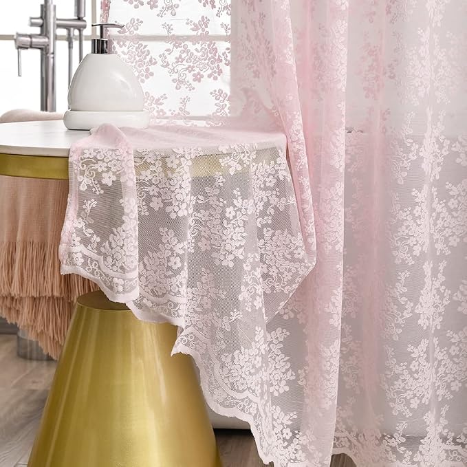 Pink Lace Shower Curtain 72x72, Cute Girly Style with Attached Valance | Vintage Floral Lace and Scalloped Trim, Filter Soft Light, Creating a Delicate Romantic Shabby Chic Bathroom Look