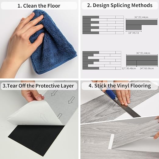 MULGREAT Peel and Stick Floor Tile, 54 Sq.Ft Self Adhesive Vinyl Flooring Plank, 36 Pieces Waterproof Heavy Duty Wood Grain Tiles, 36"x6" DIY Planks for Laundry Kitchen Bathroom Apartment Grey