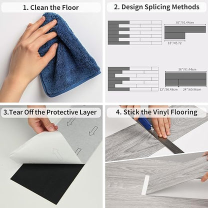 MULGREAT Peel and Stick Floor Tile, 54 Sq.Ft Self Adhesive Vinyl Flooring Plank, 36 Pieces Waterproof Heavy Duty Wood Grain Tiles, 36"x6" DIY Planks for Laundry Kitchen Bathroom Apartment Grey