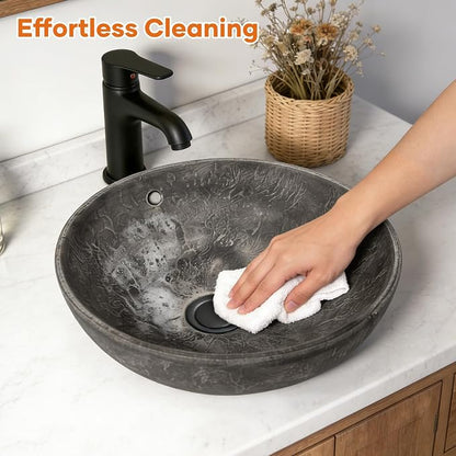 Ceramic Vessel Sink, Retro Round, 16.9" with Overflow | Handmade Wood-Grain Finish, Above Counter Install, Drain 1-3/4", Depth 6.5", Splash Guard, Scratch-Resistant, Easy Clean