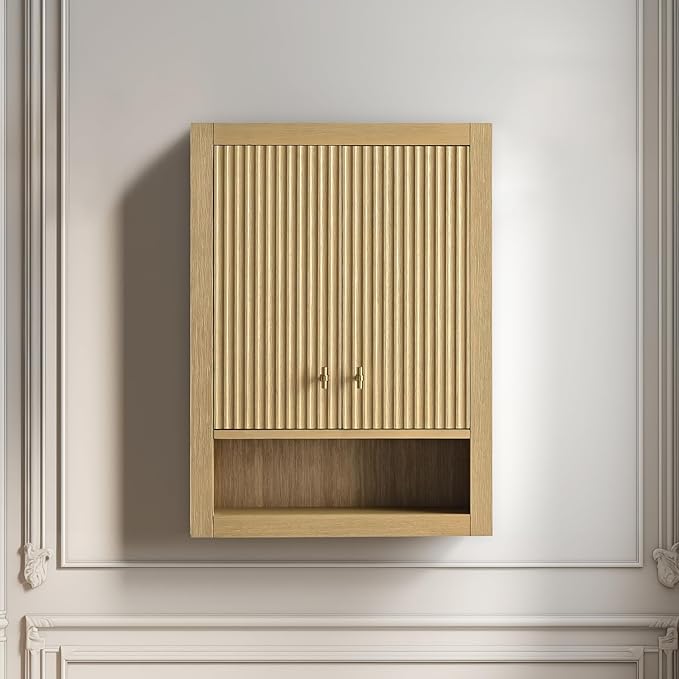 Vanity Art Vanity with Storage Cabinet & Shelves, Free-Standing Vanity with Soft-Closing Doors, Natural Oak, Golden Brushed Handware VA91-TC-NO-GB