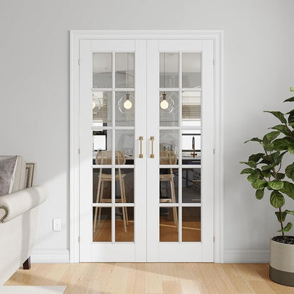 SMARTSTANDARD 56" x 80" Clear Glass French Interior Solid Core Door Slab | 10-Lite Glass Pantry Door for Bathroom Laundry Pocket, Pre-Assembled Panel without Hardware, White Primed