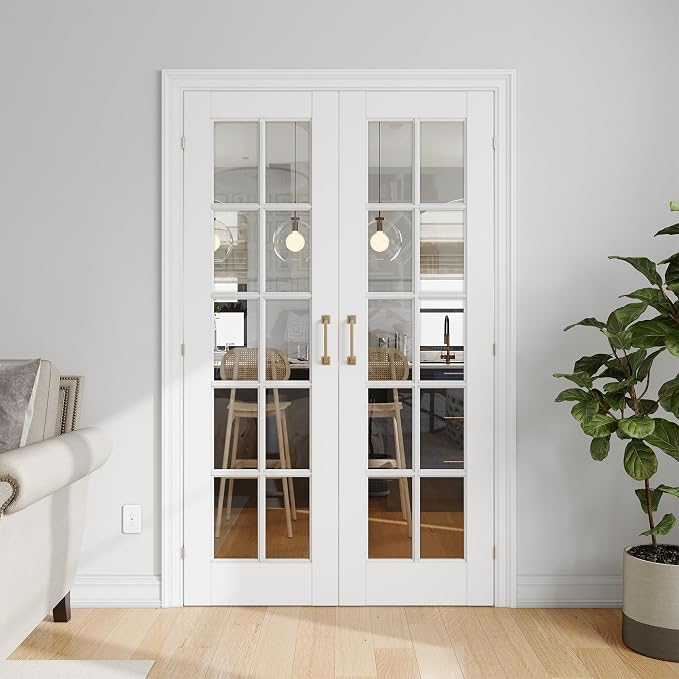 SMARTSTANDARD 64" x 80" Clear Glass French Interior Solid Core Door Slab | 10-Lite Glass Pantry Door for Bathroom Laundry Pocket, Pre-Assembled Panel without Hardware, White Primed