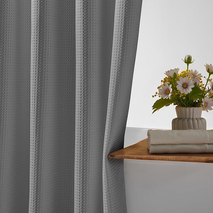 River Dream Heavyweight Waffle No Hook Shower Curtain with Liner,Gray,71x74 | Dotted Waffle,Snap-in Liner,Heavy Duty,Quick Dry,Mesh Top Window,With Bottom Magnets,Hotel-Grade,Washable,Standard Size