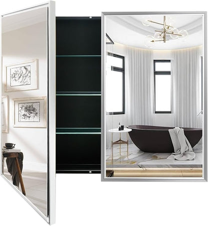 Medicine Cabinet with Aluminum Framed Mirror,36"x32" Surface Mount or Recessed Mount Bathroom Vanity Mirror,Single Door Bathroom Mirror with Storage Cabinet