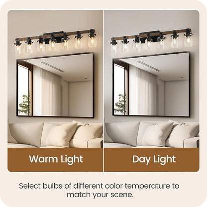 7-Light Bathroom Light Fixture, Farmhouse Vanity Lights for Bathroom with Glass Shade, Rustic Bathroom Light Fixtures, E26 Base F16BD05