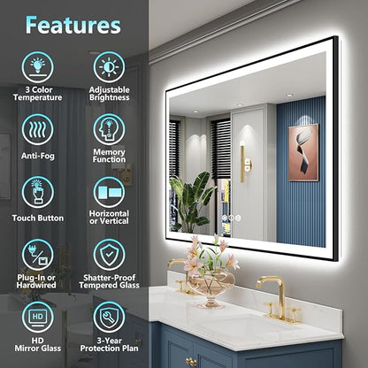 66x40 Black Framed LED Bathroom Mirror with Lights, Backlit and Front Lit Anti-Fog Lighted Vanity Mirrors for Bathroom Wall, Dimmable, 3 Colors, Memory, HD Tempered Glass, Horizontal/Vertical