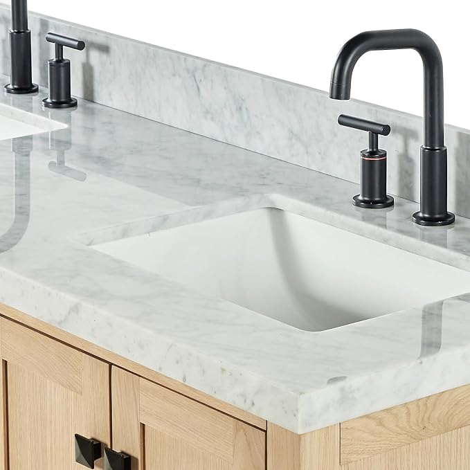 ARIEL Cambridge 60-inch Bathroom Vanity with Sink,Solid Wood, 1.5-inch Italian Carrara Marble Countertop, Double Rectangular Porcelain Sink, 4 Soft Closing Doors, 6 Dovetail Drawers, White Oak