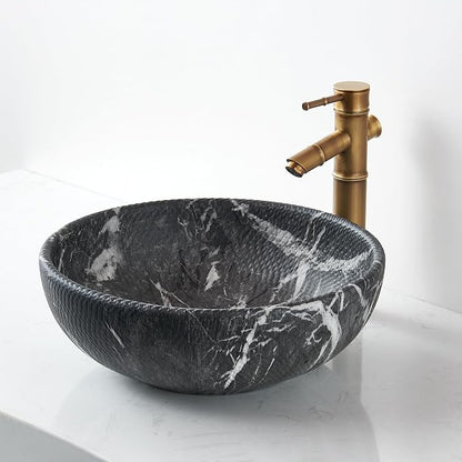 Vessel Sink Round 16 Inch Bathroom Sink, Counter Top Black+ White Marble Color Cloakroom Porcelain Ceramic Vessel Vanity Sinks Art Basin for Bathroom