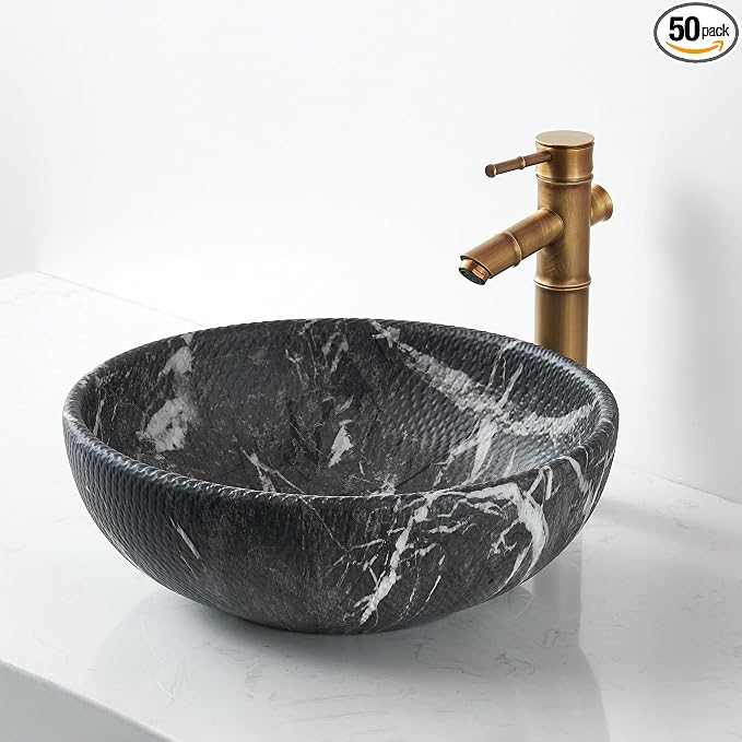 Vessel Sink Round 16 Inch Bathroom Sink, Counter Top Black+ White Marble Color Cloakroom Porcelain Ceramic Vessel Vanity Sinks Art Basin for Bathroom