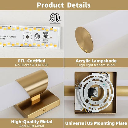 30" Gold Bathroom Vanity Lights, Wall Sconce with Acrylic Shade | Modern Wall Light for Bathroom Bedroom Living Room Hallway