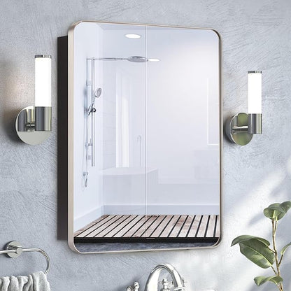16’’x26’’ Medicine Cabinet,Metal Framed Medicine Cabinet Mirror with Round Corner,Recessed and Surface Mount Bathroom Mirror with Storage, Removeable Shelves,Sliver