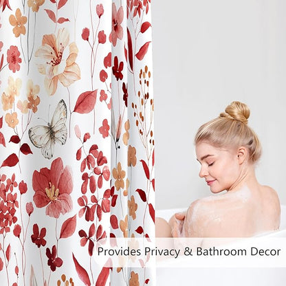 Red Floral Shower Curtain, Cute Flower Fabric Shower Curtains for Bathroom, Watercolor Wildflower Butterfly Cloth Shower Curtain Set with Hooks, 72x72