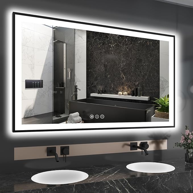 EchosLife 60x36 LED Mirror for Bathroom - Black Aluminum Framed | Black Frame, Front and Backlit, Anti-Fog, Stepless Dimmable, 3 Colors, Memory, Tempered Glass, UL Listed, Horizontal/Vertical