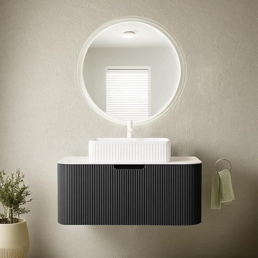 36'' Floating Bathroom Vanity with Sink, Modern Solid Wood Bathroom Vanities with Rectangular Ceramic Basin and Marble Top, Soft-Close Design, Large Storage Drawer, Pre-Assembled Cabinet, Gloss Black