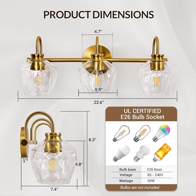 ANDY STAR Brushed Gold Vanity Light, 3 Light Bathroom Light Fixtures with Clear Diamond-Shape Hammered Glass, Brass Vintage Ripple Wall Lights for Hallway, Bedroom, Anti-Rust, E26 Base (No Bulbs)