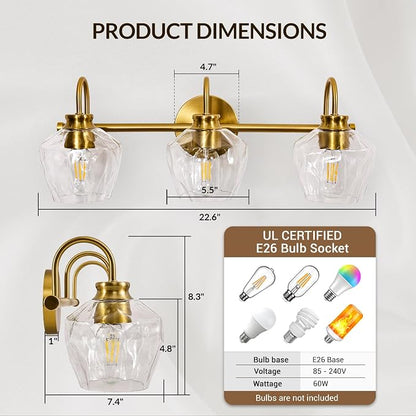 ANDY STAR Brushed Gold Vanity Light, 3 Light Bathroom Light Fixtures with Clear Diamond-Shape Hammered Glass, Brass Vintage Ripple Wall Lights for Hallway, Bedroom, Anti-Rust, E26 Base (No Bulbs)