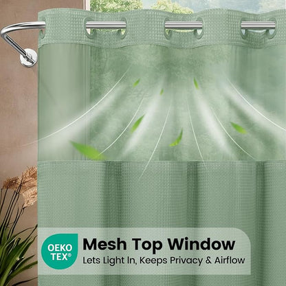 Heavyweight Waffle No Hook Shower Curtain with Liner, 71x74, Sage Green | Snap in Liner, 256GSM, Thick, Hotel Luxury Spa, Waterproof Fabric, Corner Magnets, 3 in 1 Set, Washable, Hang in Seconds