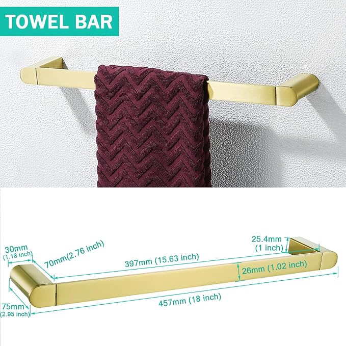 Brushed Gold Bathroom Hardware Set 4 Pieces,18 Inch Stainless Steel Towel Rack Kit,Towel Rod Coat Hook and Toilet Paper Holder Wall Mounted Bathroom Towel Bar Set