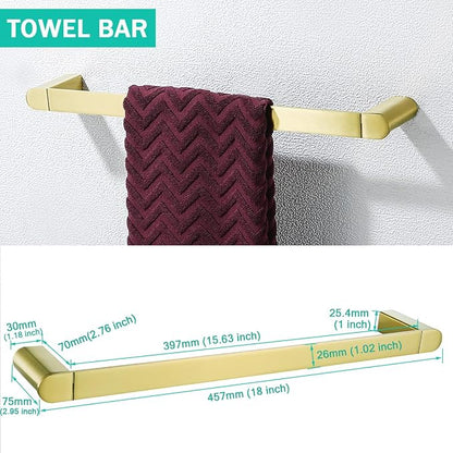 Brushed Gold Bathroom Hardware Set 4 Pieces,18 Inch Stainless Steel Towel Rack Kit,Towel Rod Coat Hook and Toilet Paper Holder Wall Mounted Bathroom Towel Bar Set