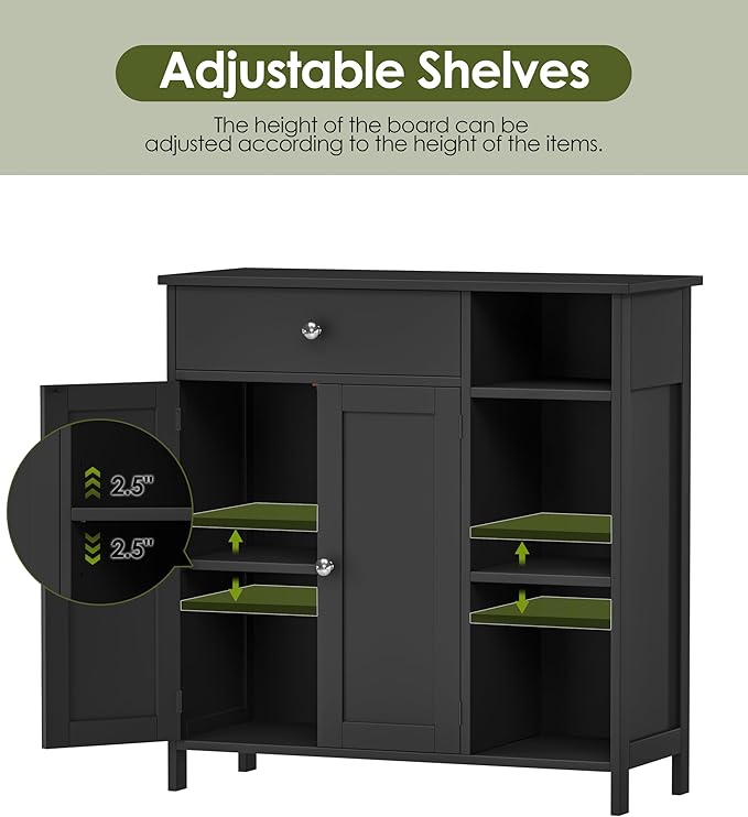 Black Bathroom Floor Cabinet with Large Drawer, Floor Storage Cabinet with Doors & Adjustable Shelves, Modern Storage Cupboard with 3 Open Shelves for Kitchen, Living Room, Entryway