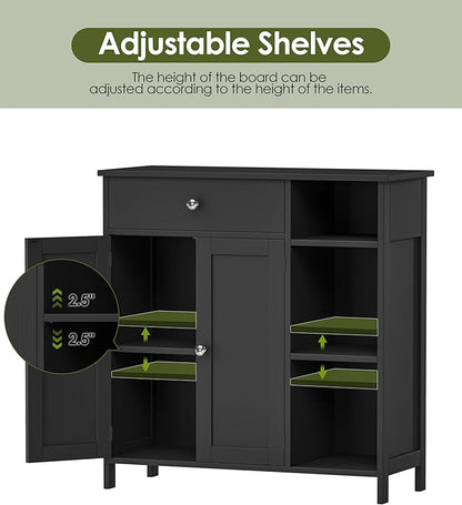 Black Bathroom Floor Cabinet with Large Drawer, Floor Storage Cabinet with Doors & Adjustable Shelves, Modern Storage Cupboard with 3 Open Shelves for Kitchen, Living Room, Entryway