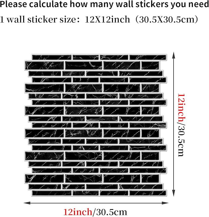 Alwayspon 10 Sheets 12" x12inch Black Marble Effect Vinyl Tiles, Backsplash, Self-Adhesive Peel and Stick Wall Tile Stickers, Stick on Subway Tiles for Kitchen Bathroom Wall Decor