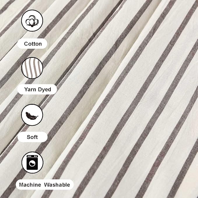 DOSLY IDÉES Farmhouse Shower Curtain,Beige and Brown Stripe,Button Curtain,Linen and Cotton Woven Fabric,Rustic Charm Country Chic Style,72x96 in