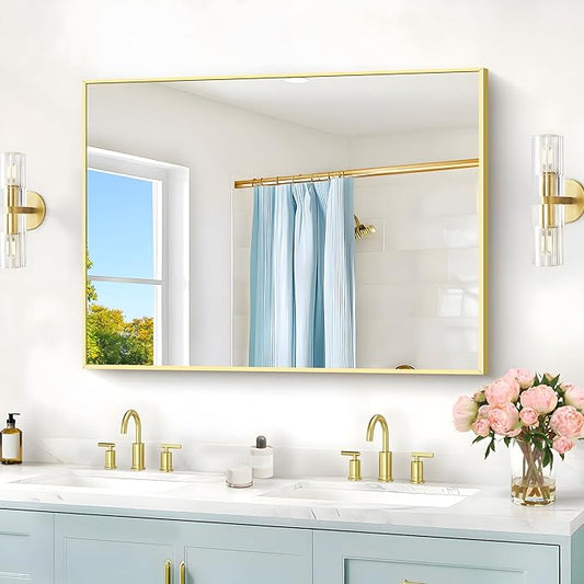 30x40In Gold Bathroom Mirror for Wall, Brushed Gold Rectangle Mirrors with Metal Frame, Bathroom Rectangular Mirror Modern Wall Mirror for Bedroom Living Room, Hangs Horizontal or Vertical