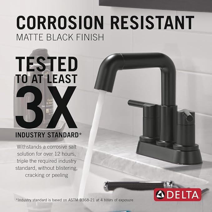 Delta Nicoli Centerset Matte Black Bathroom Faucet with Sprayer, 4 Inch 3 Hole Bathroom Sink Faucet with Pull Out Sprayer, Push-Pop Drain, Matte Black 25849LF-BLPD