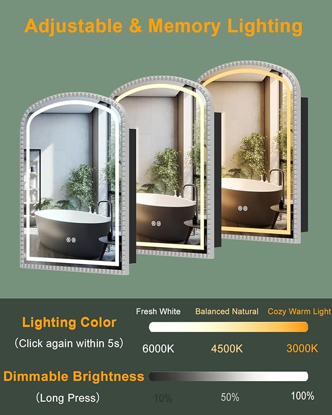 Daisy Beaded LED Medicine Cabinet with Mirror, Lighted Bathroom Mirror with Storage Full-Metal, Dimmable 3 Colors Lighting Anti-Fog and Memory Function, 1 Organizer Box, Bling Silver 20x28 Inch