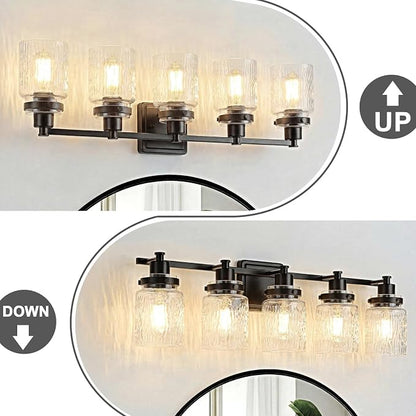 5 Light Bathroom Light Fixtures Farmhouse Black Vanity Lights | ETL Certificate, Easy to Install,Wall Mount Up or Down,Hammered Glass Lampshade,E26 Socket,Hardwired,120V