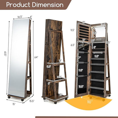 GOFLAME Jewelry Cabinet with Full Length Mirror, Lockable Jewelry Storage Organizer with Wheels, 3-Color LED Lights, Inner Mirror, Freestanding Jewelry Armoire with Rear Storage Shelves, Rustic Brown