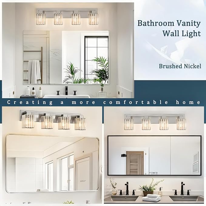 Brushed Nickel Bathroom Light Fixtures, 4-Light Vanity Light Over Mirror | Wall Sconces with Square Crystal Shades, E26 Socket, Modern Vanity Lights for Bathroom (Bulbs Not Included)