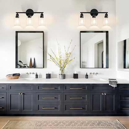 3-Light Bathroom Light Fixtures, 17.3" Black Modern Vanity Light for Bathroom Mirror, Glass Shade, Kitchen, Living Room, Bath, Metal