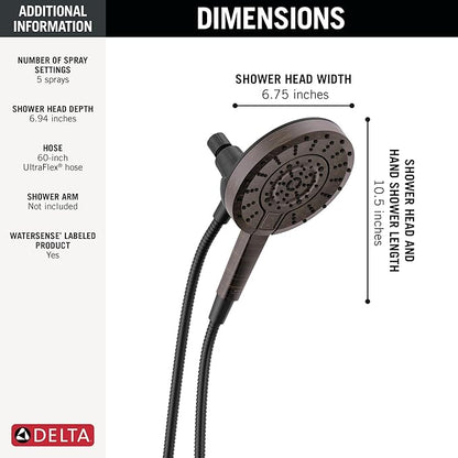 Delta 5-Setting In2ition 2-in-1 Dual Shower Head with Handheld High Pressure ProClean Spray, Oil Rubbed Bronze Detachable Shower Head with Hose, 1.75 GPM Flow Rate, Venetian Bronze 75548RB