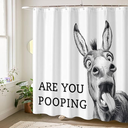Funny Donkey Shower Curtain Rustic Farmhouse Shower Curtains for Bathroom Black and White Fun Cute Animal Wildlife are You Pooping Waterproof Fabric Bath Curtain Decor 72 X 72 Inch