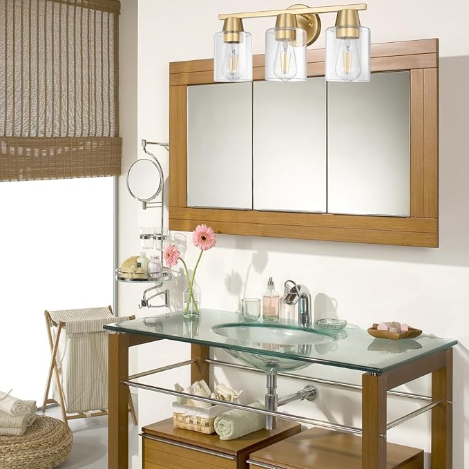 Modern Wall Sconces Lighting with Brass Finished Clear Glass Shade, Matte Gold 3 Vanity Light Over Mirror, Industrial Bathroom Light Fixtures for Living Room Hallway Kitchen Porch E26 Base