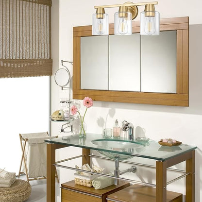 Modern Wall Sconces Lighting with Brass Finished Clear Glass Shade, Matte Gold 3 Vanity Light Over Mirror, Industrial Bathroom Light Fixtures for Living Room Hallway Kitchen Porch E26 Base
